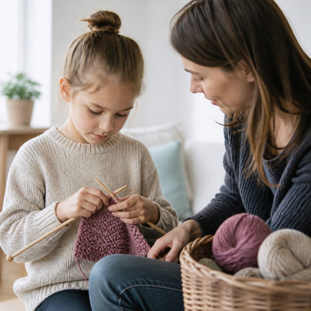 A child's hands holding short wooden knitting needles over a half-finished piece