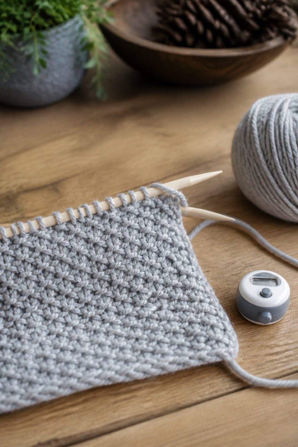 A wooden chair beside a homebrew kettle in a garage, a half-knit grey sock on the seat and a zip bag of yarn on the floor, steam rising from the kettle in late afternoon.
