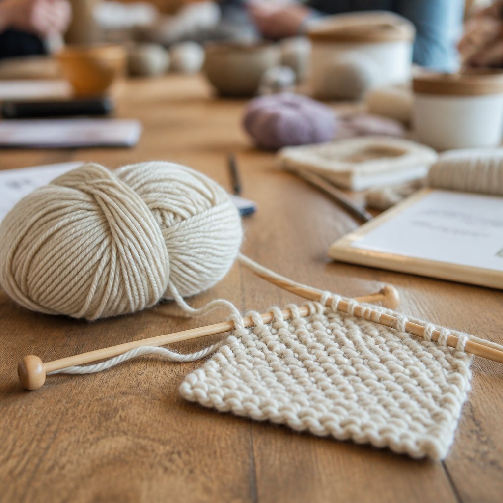 A table at a beginner knitting class with pale worsted yarn, wooden needles and a small garter stitch swatch in progress.
