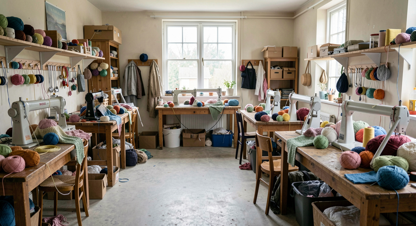 A wooden shop counter in daylight, ten skeins of the same grey wool lined up in a row with their paper labels facing the camera, a hand holding a printed pattern beside.