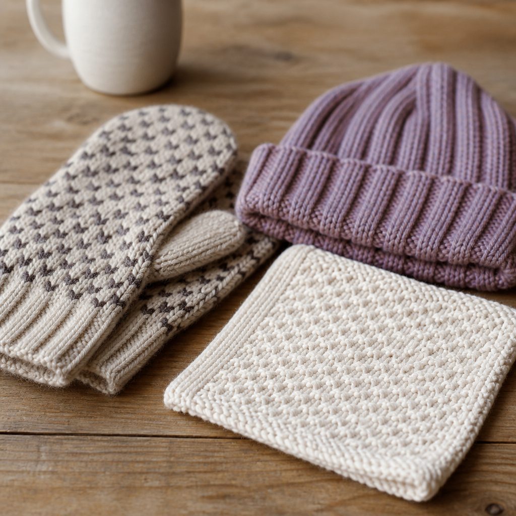 A wooden side table by a window in late afternoon light, four knitted cotton coasters in oatmeal and indigo stacked beside a plain water glass, a half-finished cosy on.