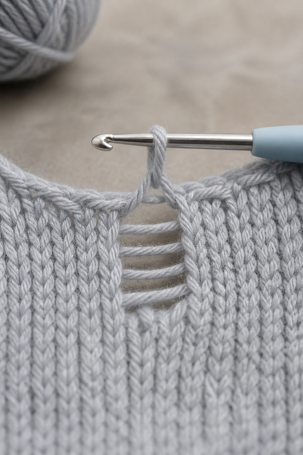 A dropped stitch in stockinette fabric, the loose loop held on a crochet hook above three horizontal ladder rungs.