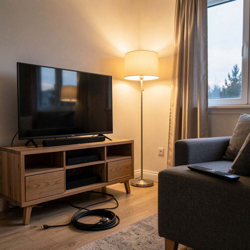 A living room corner at dusk with a television on a low wooden stand, a soundbar beneath it, a tangle of HDMI cables on the floor and a remote on the arm of a sofa, lit by a warm floor lamp.