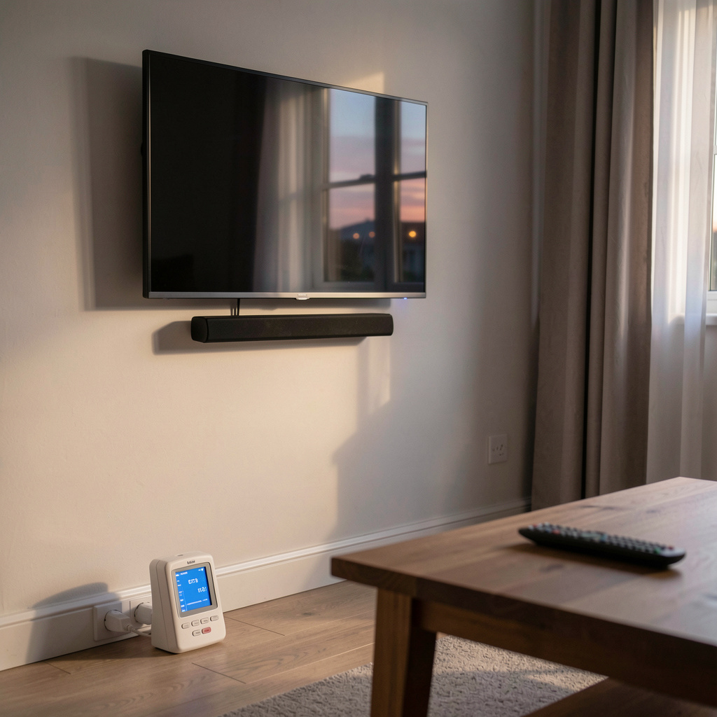 A living room corner at dusk with a wall-mounted television, a soundbar below it, a plug-in power meter on the floor beside a power strip, and a remote on a low wooden table.