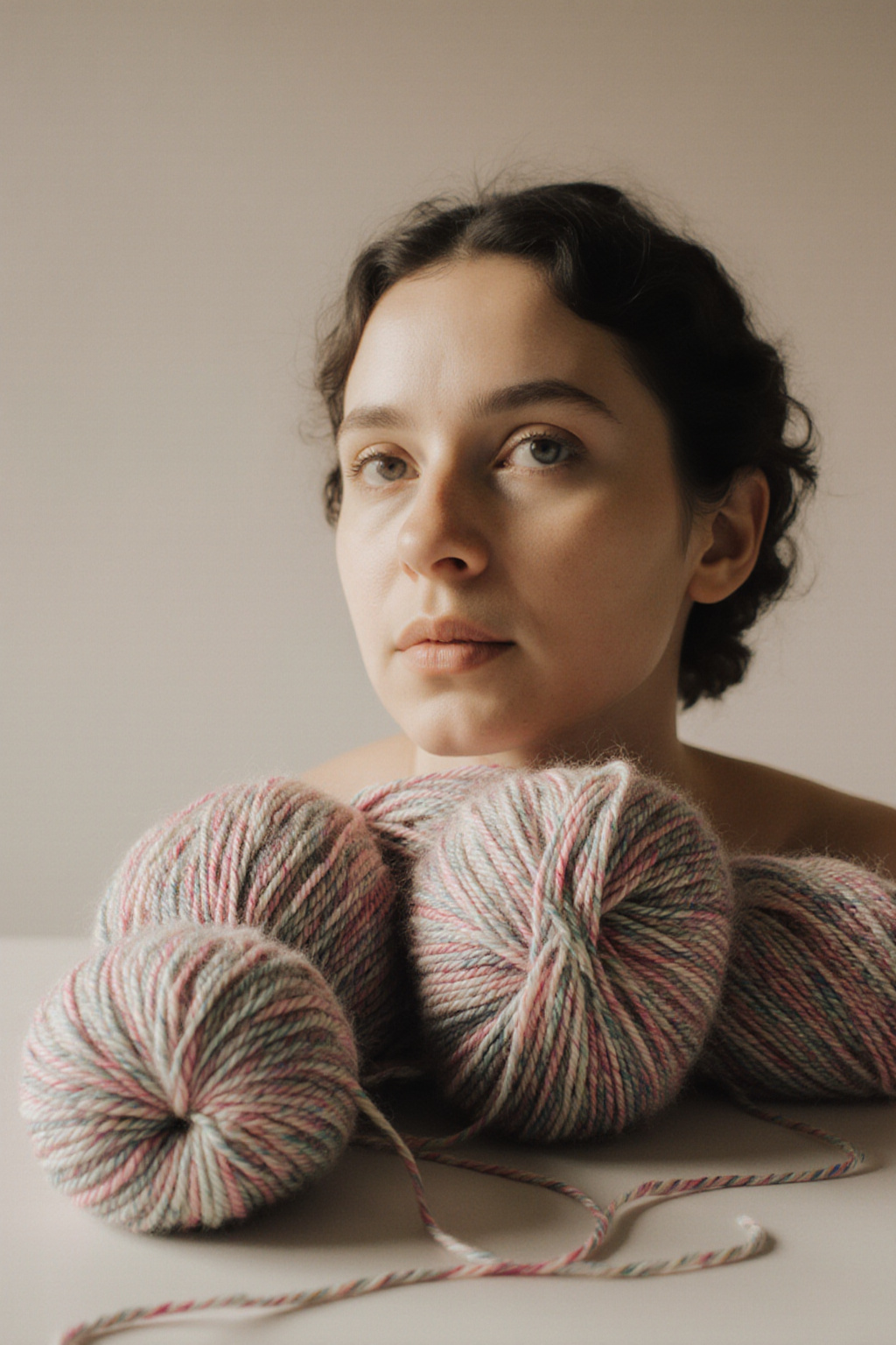A worn paper notebook open on a wooden worktable beside a pair of metal knitting needles and a small knitted swatch, lit by a window on the left, shot from slightly.
