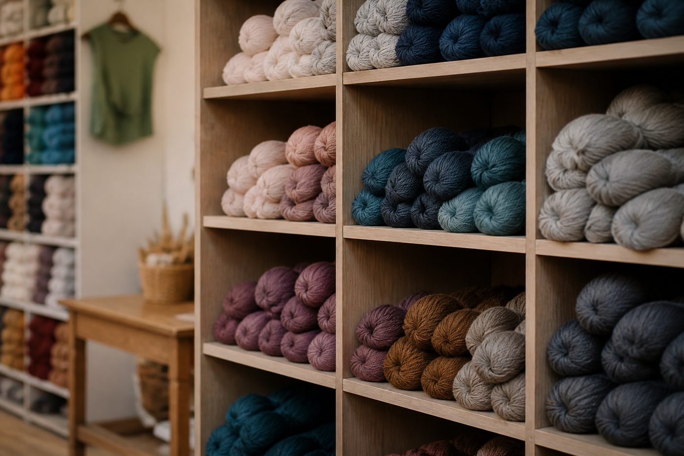 A wooden shop counter in daylight, with a stack of folded 1980s knitting leaflets beside three balls of bright acrylic yarn in magenta, teal and mustard, shot from.