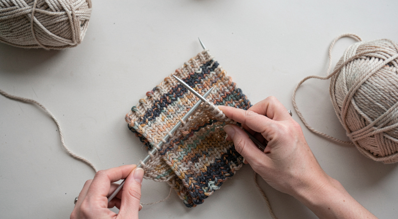 A wooden table by a window in the afternoon, a stapled knitting booklet pressed open flat with a magnetic chart board and a strip of highlighter tape across one row, a.