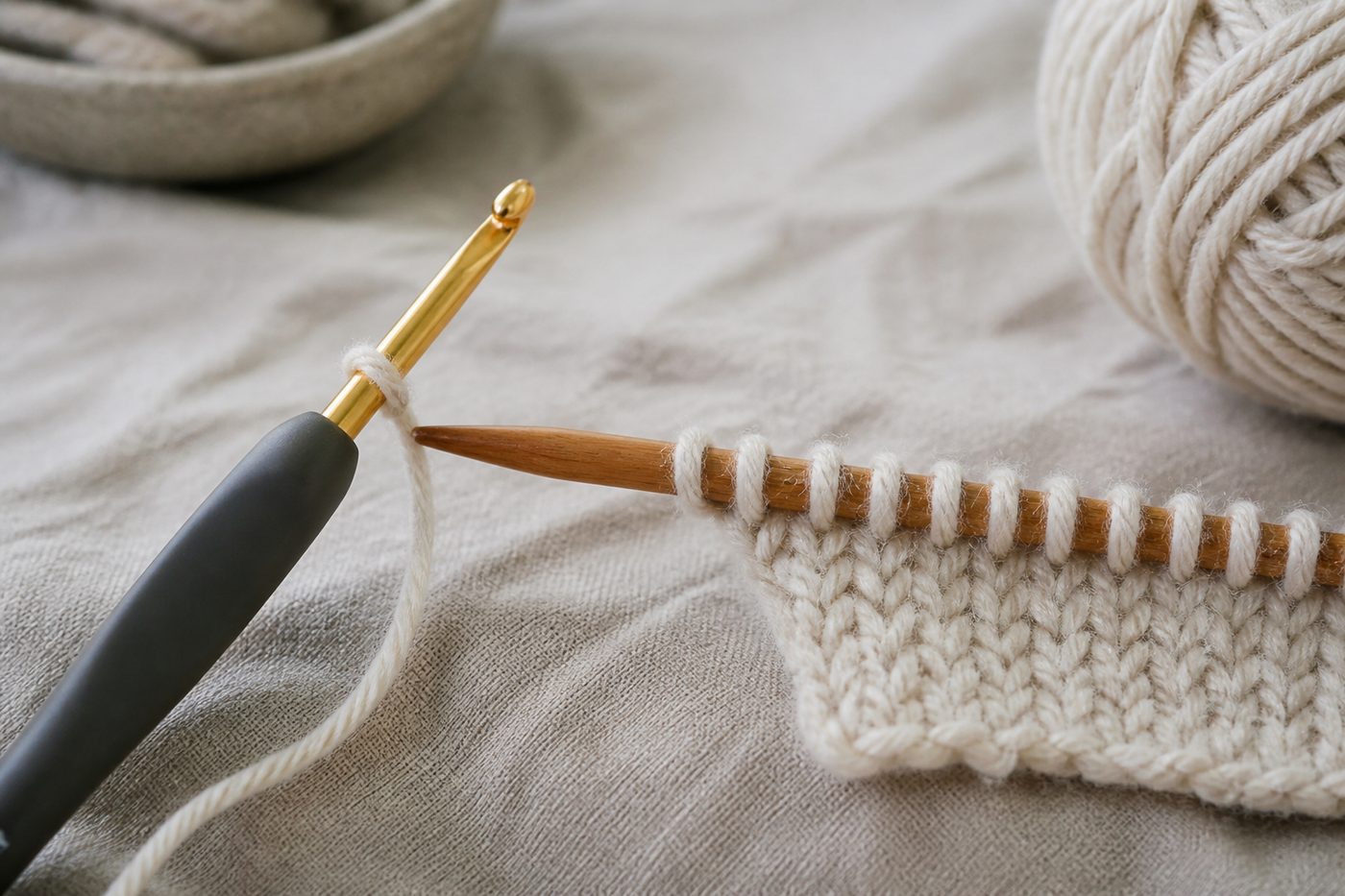 A crochet hook and knitting needles resting on a wooden table beside sheet music