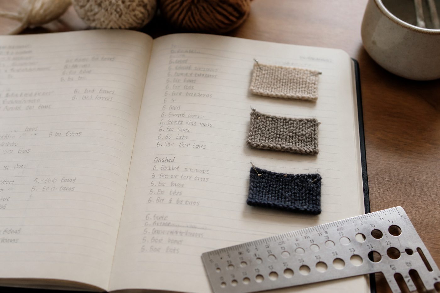 A notebook, a gauge ruler and short lengths of yarn sorted into a lidded box