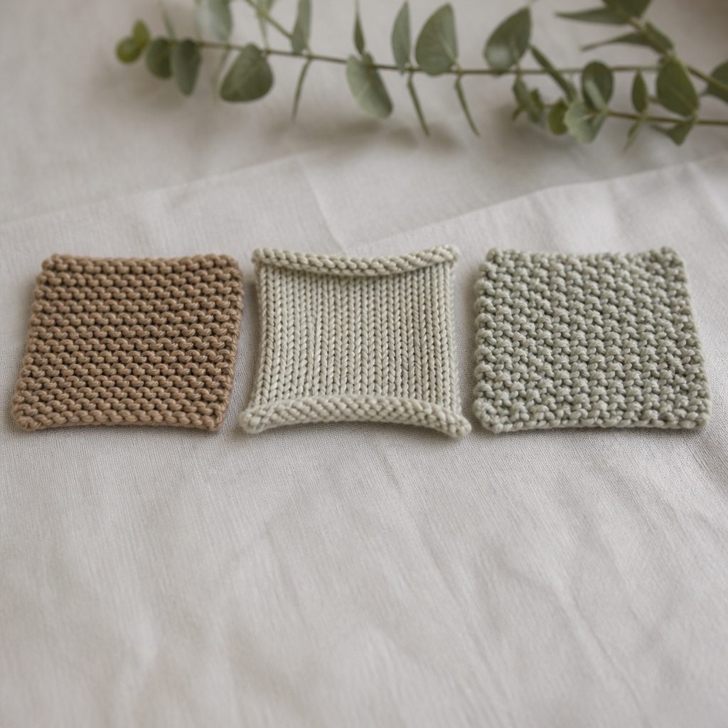 A small fresh flower pinned between the stitches of a cream garter-stitch cardigan