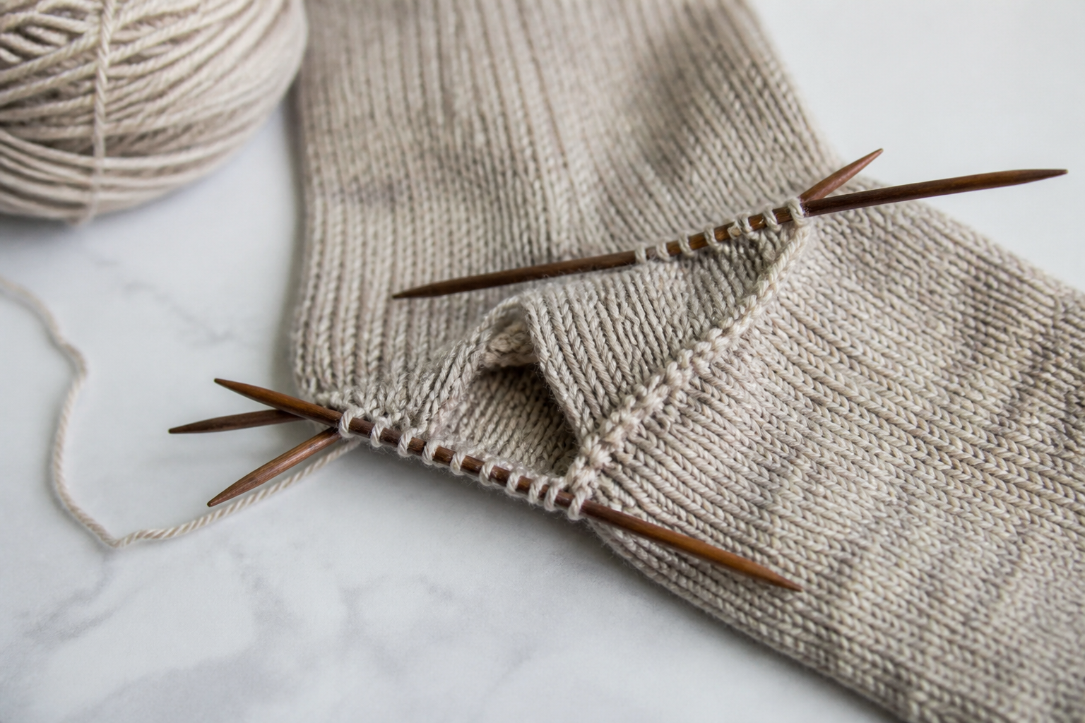 A sock in progress on double-pointed needles, showing the slipped stitch heel flap and the picked-up gusset stitches along its edge.